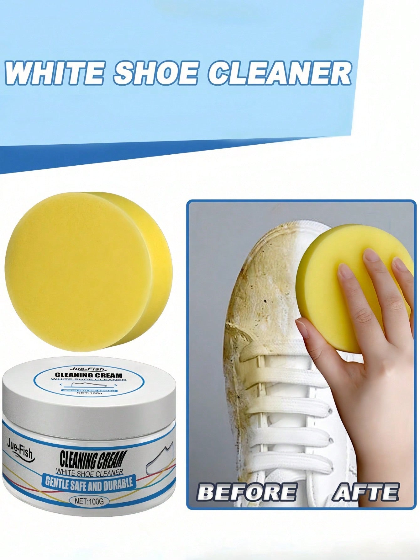 1Pc Cleaning Cream with Sponge Multipurpose Cleaning Cream Multi-Functional Cleaning and Stain Removal Cream, Shoe Cleaner for White Sneaker Shoes Whitening Cleansing Free Wash No Yellowing