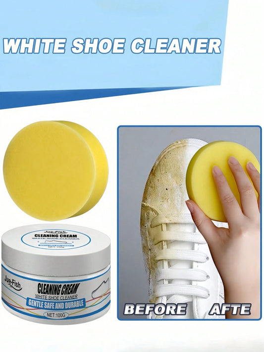 1Pc Cleaning Cream with Sponge Multipurpose Cleaning Cream Multi-Functional Cleaning and Stain Removal Cream, Shoe Cleaner for White Sneaker Shoes Whitening Cleansing Free Wash No Yellowing