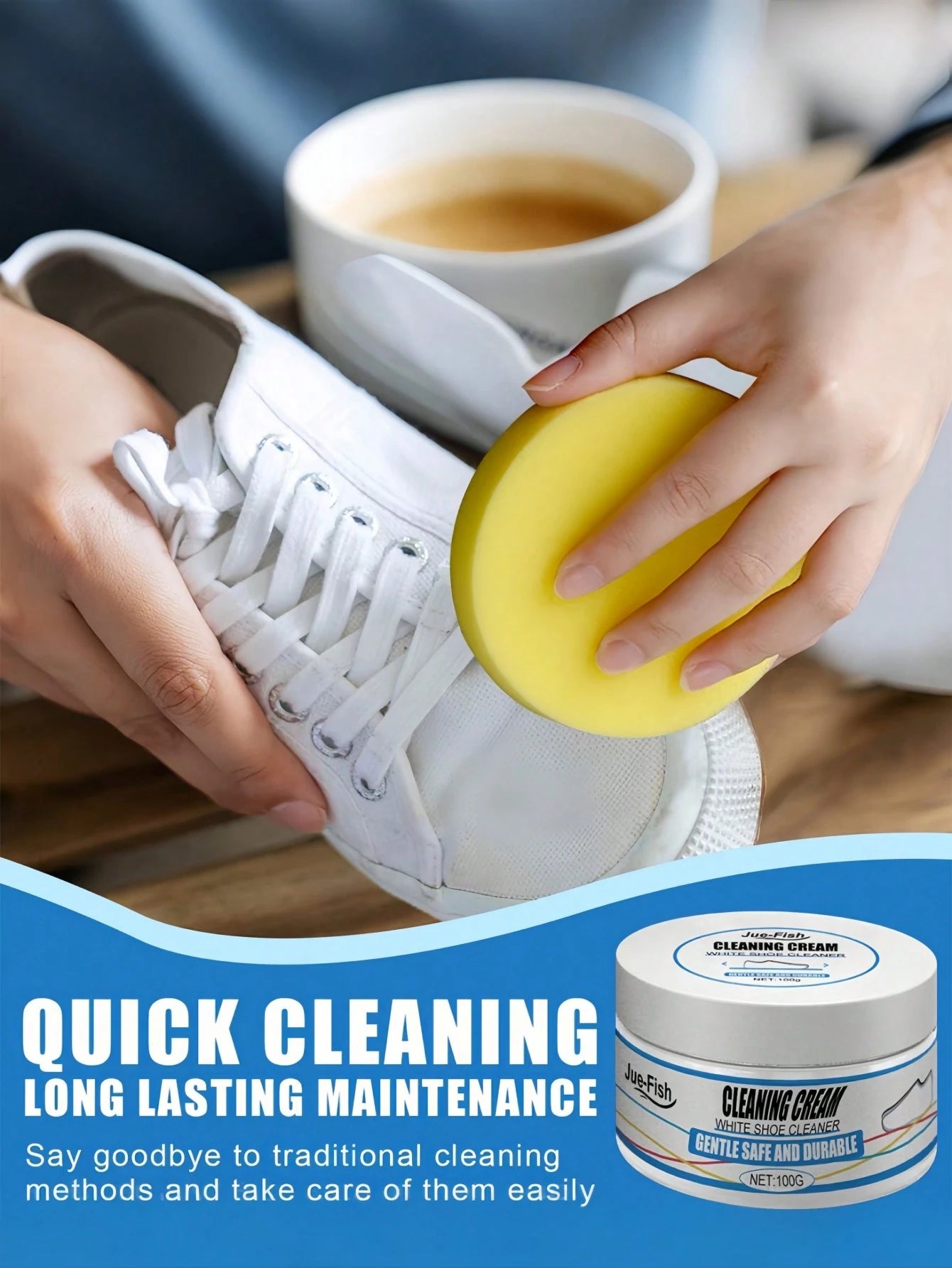 1Pc Cleaning Cream with Sponge Multipurpose Cleaning Cream Multi-Functional Cleaning and Stain Removal Cream, Shoe Cleaner for White Sneaker Shoes Whitening Cleansing Free Wash No Yellowing