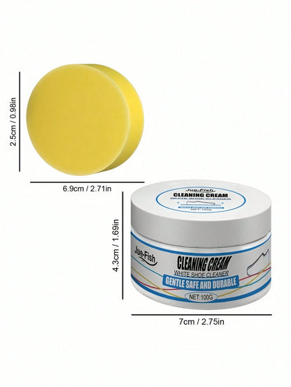 1Pc Cleaning Cream with Sponge Multipurpose Cleaning Cream Multi-Functional Cleaning and Stain Removal Cream, Shoe Cleaner for White Sneaker Shoes Whitening Cleansing Free Wash No Yellowing