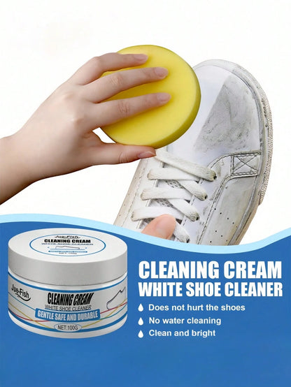 1Pc Cleaning Cream with Sponge Multipurpose Cleaning Cream Multi-Functional Cleaning and Stain Removal Cream, Shoe Cleaner for White Sneaker Shoes Whitening Cleansing Free Wash No Yellowing