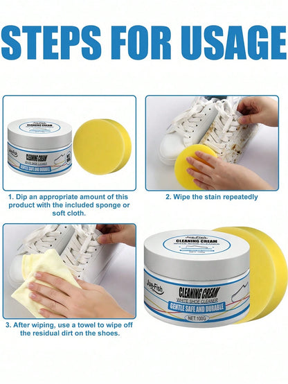 1Pc Cleaning Cream with Sponge Multipurpose Cleaning Cream Multi-Functional Cleaning and Stain Removal Cream, Shoe Cleaner for White Sneaker Shoes Whitening Cleansing Free Wash No Yellowing